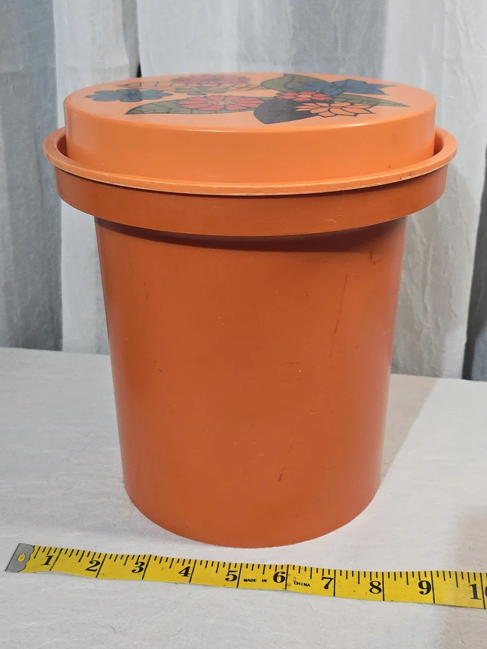 Vintage 70s  Orange Floral Plastic Storage Container